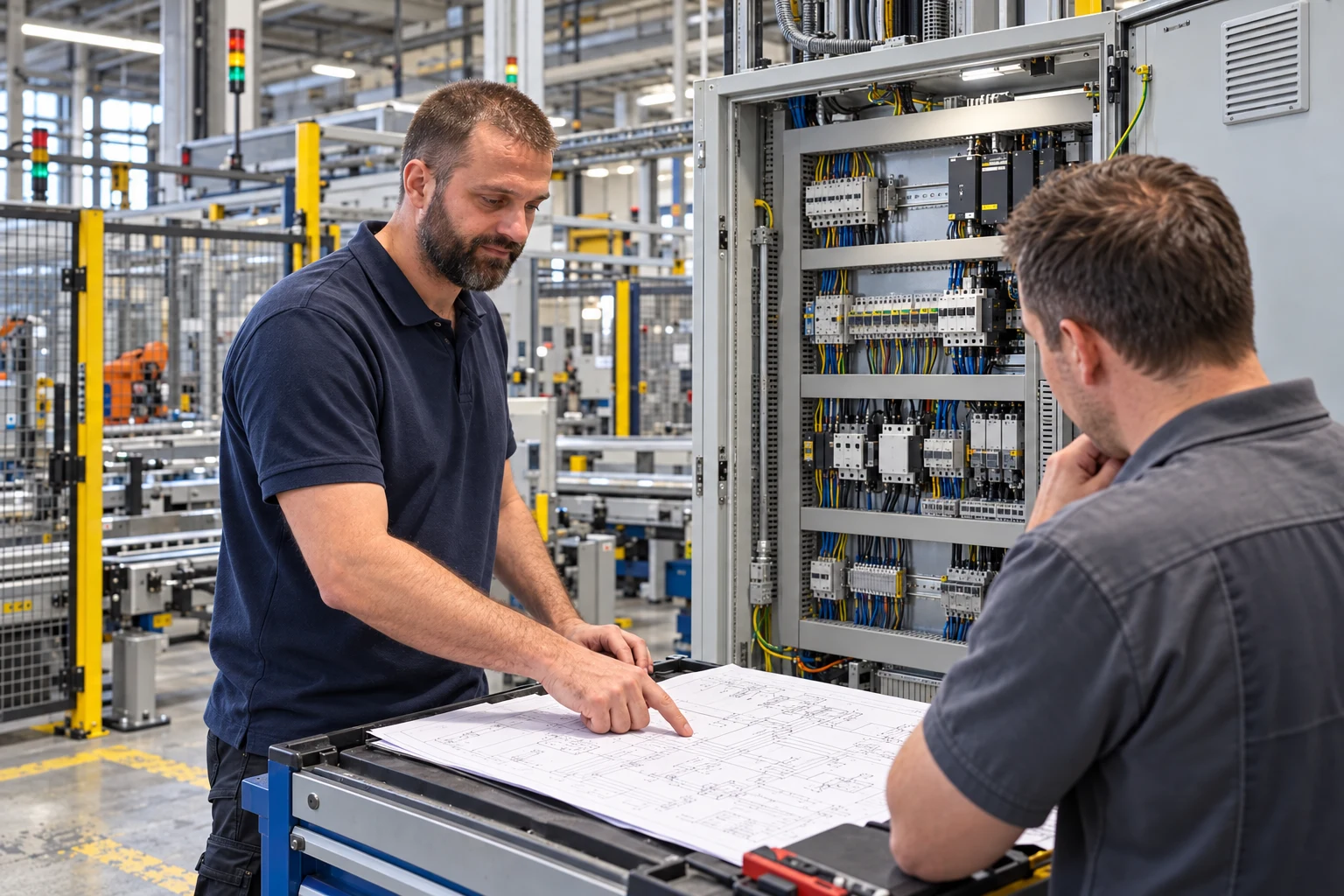 KI-gestaltete Szene: Tobias Schier bei einer technischen Besprechung im Produktionsumfeld